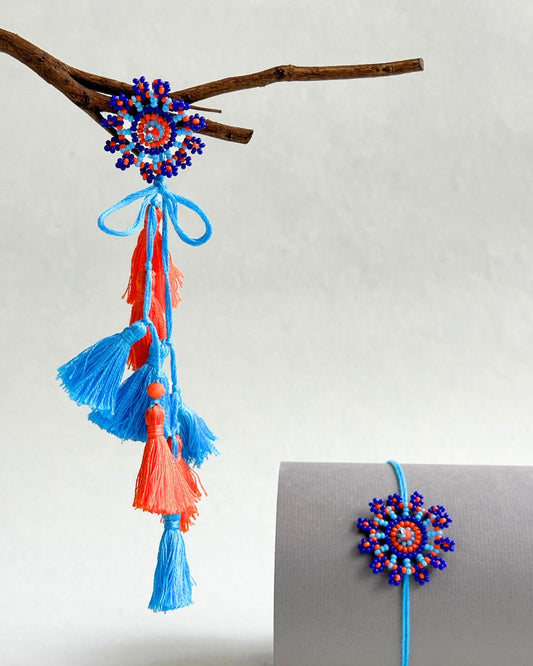 Blue floral Handmade Rakhi and Lumba Set