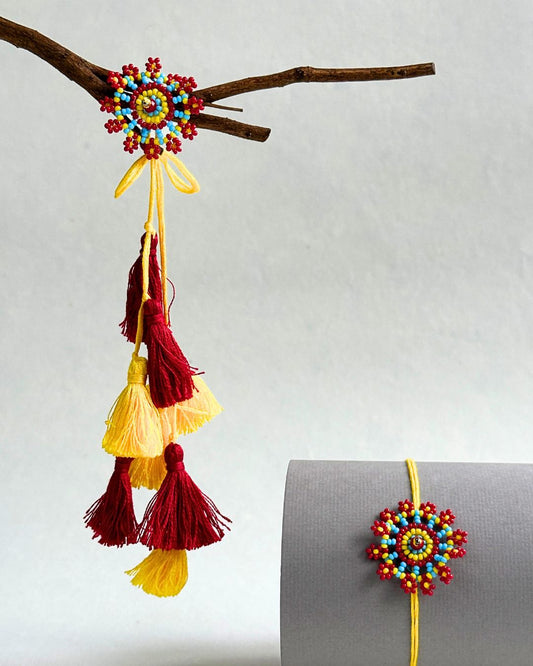 Red floral Handmade Rakhi and Lumba Set